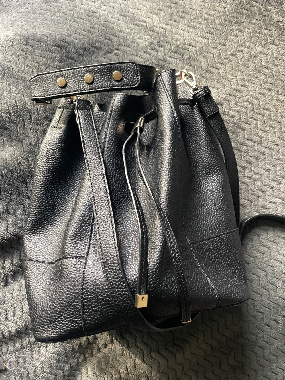Zara Black Pebbled Drawstring Bucket Backpack